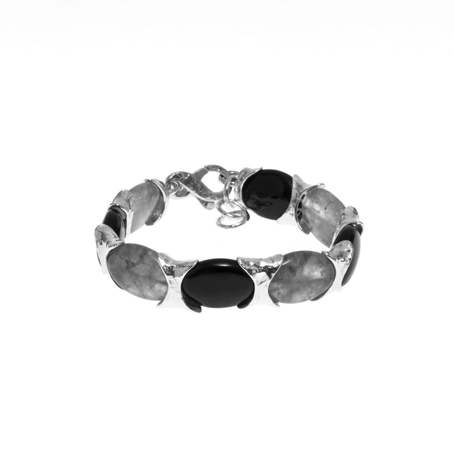 Gioielli Athena Gioielli | New Positano Bracciale In Argento Naturale Con Agata Nera E Quarzo Grigio